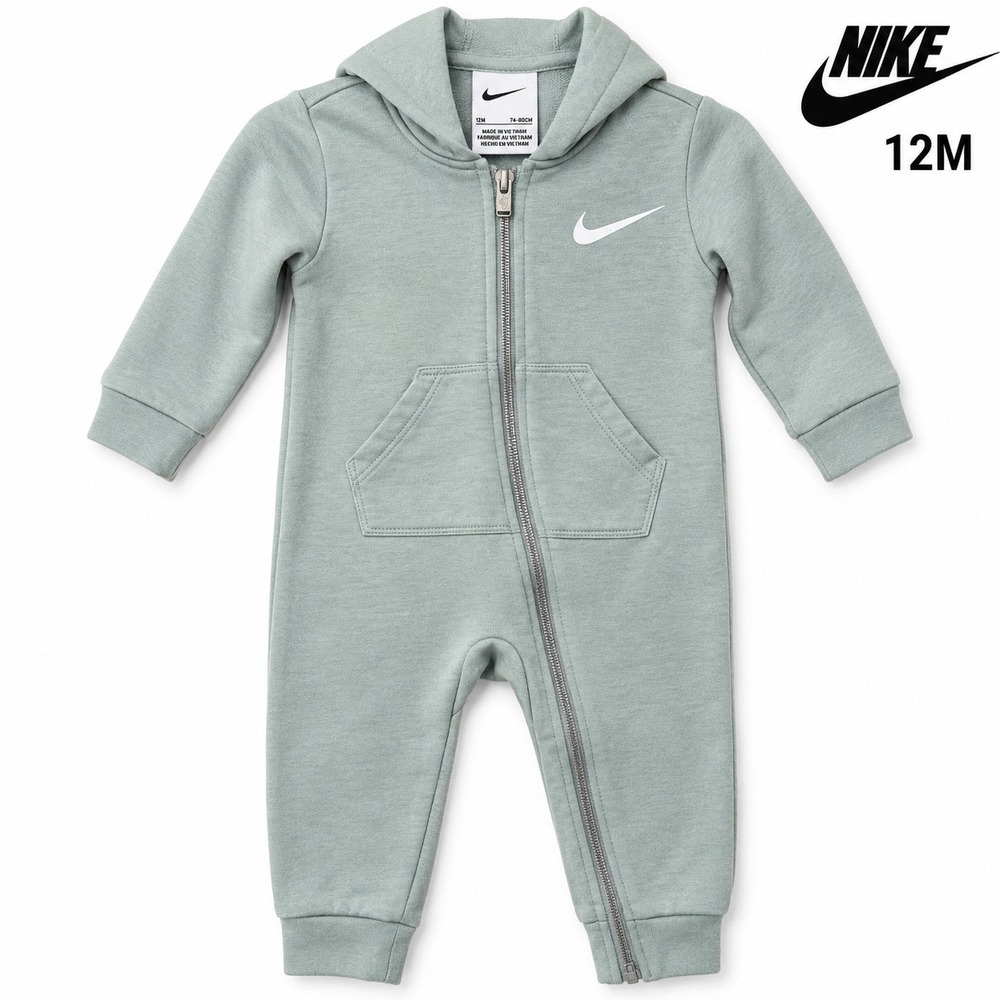 Nike Baby Hooded Fleece Coverall Romper Sage Green 12M Full Zip Jumpsuit
